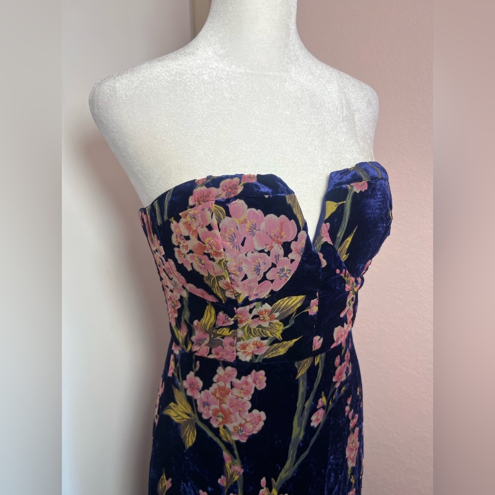 Bloom In Mind Navy Blue Floral Print Velvet Strapless Maxi Dress *Damaged - Picture 3 of 14